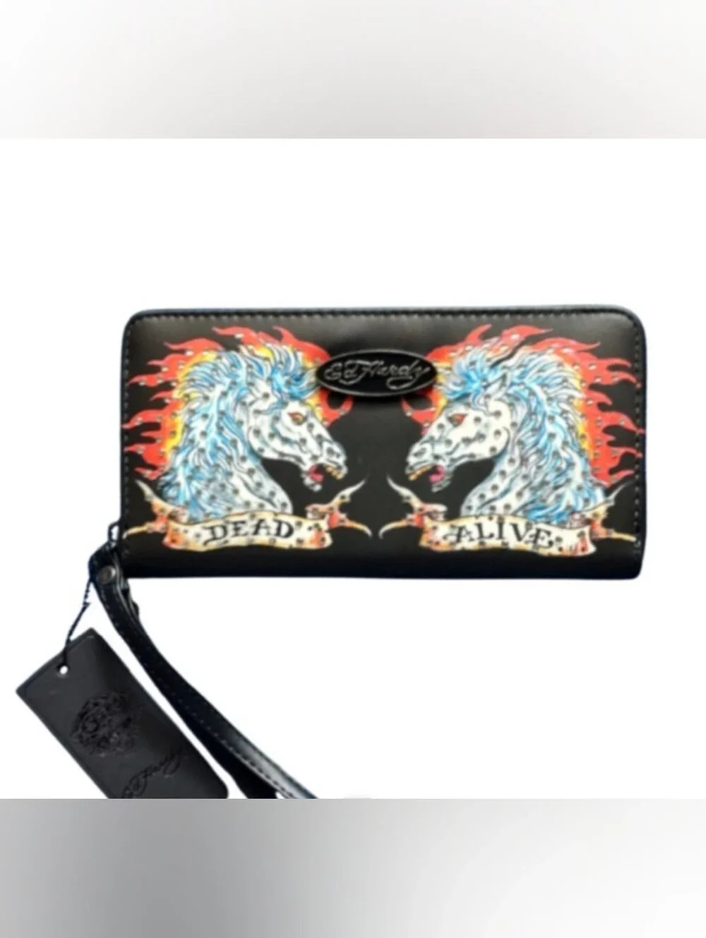 Ed Hardy White Horses Tattoo Print Leather Wristlet Wallet NEW!